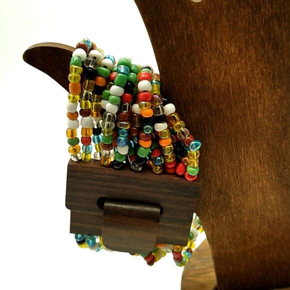 Glass Beaded Stretch Bracelet 14 Strand Wood Buckle Multi-colored - Picture 7 of 14